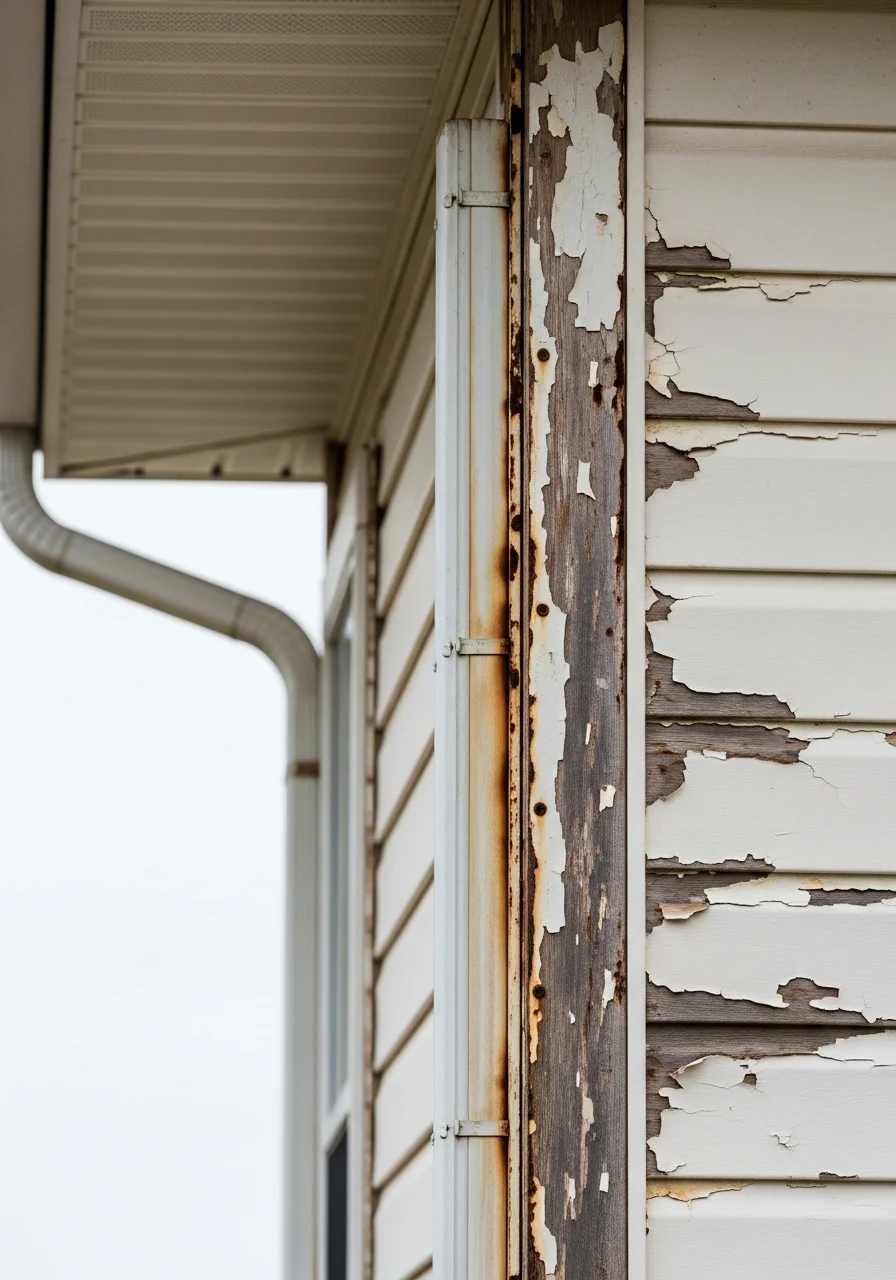 Close-up of coastal home siding and weathered trim showing salt-air exposure.