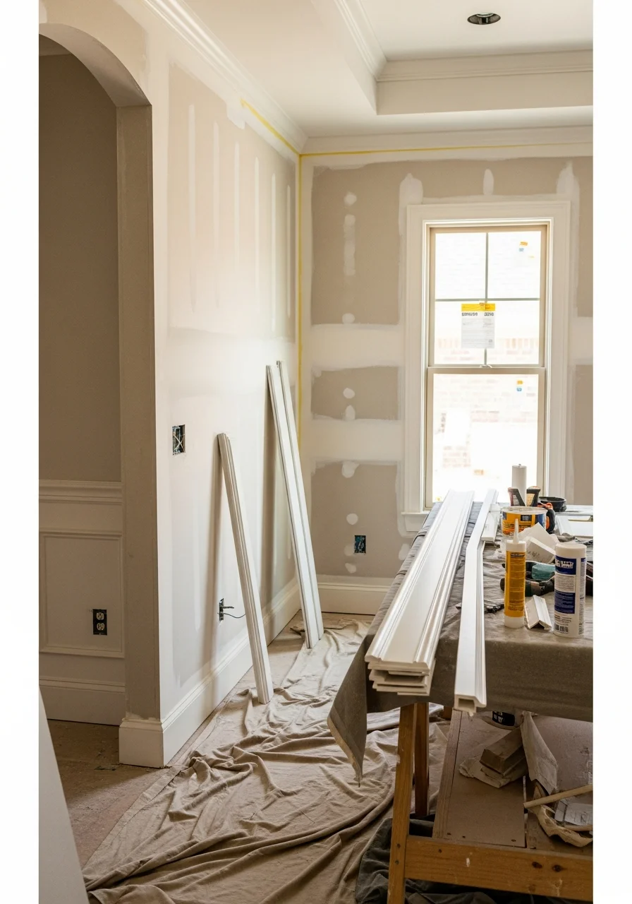 Worker installing trim and finishing details in a Meridian residential interior.