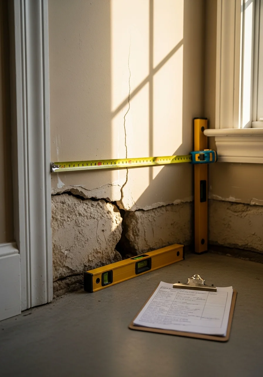 Contractor measuring and inspecting interior wall in a Mobile residential property.