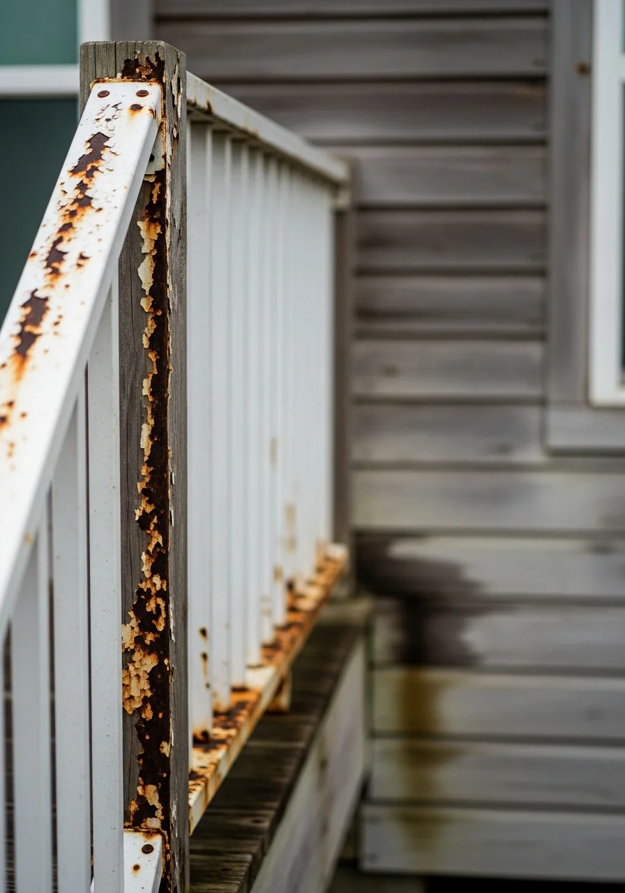 Close-up of weathered deck railing and coastal home exterior showing salt-air maintenance.