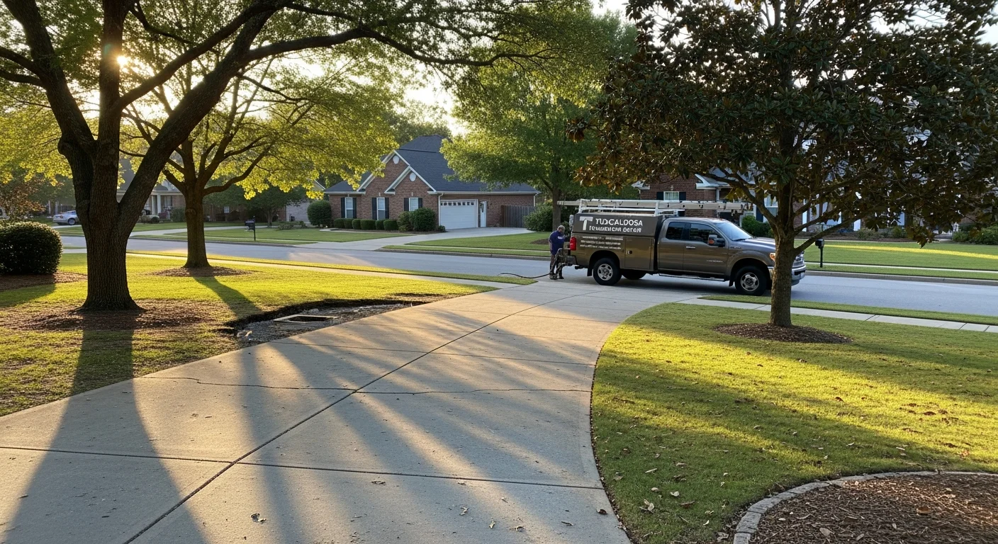 Tuscaloosa residential street with well-maintained homes and green lawns.