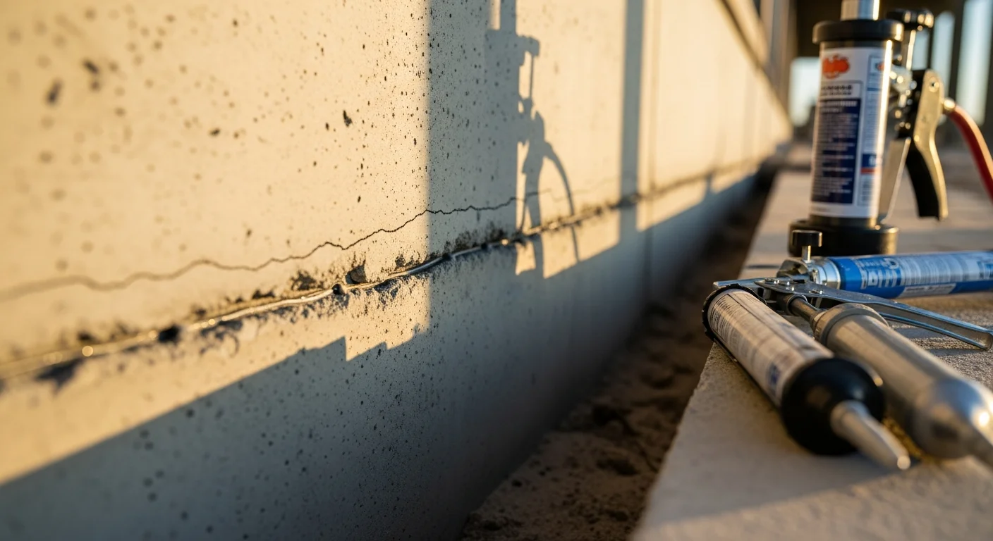 A Southern Arc technician performing crack injection on a concrete foundation wall at an Orange Beach residential property. Close-up view shows the injection port seated in the crack with material being applied under pressure.