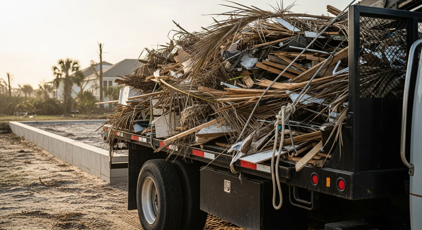 A cleared Orange Beach residential yard with a loaded debris hauling truck parked at the curb after storm cleanup. Piles of branches, bulk waste, and construction material have been removed from the property.