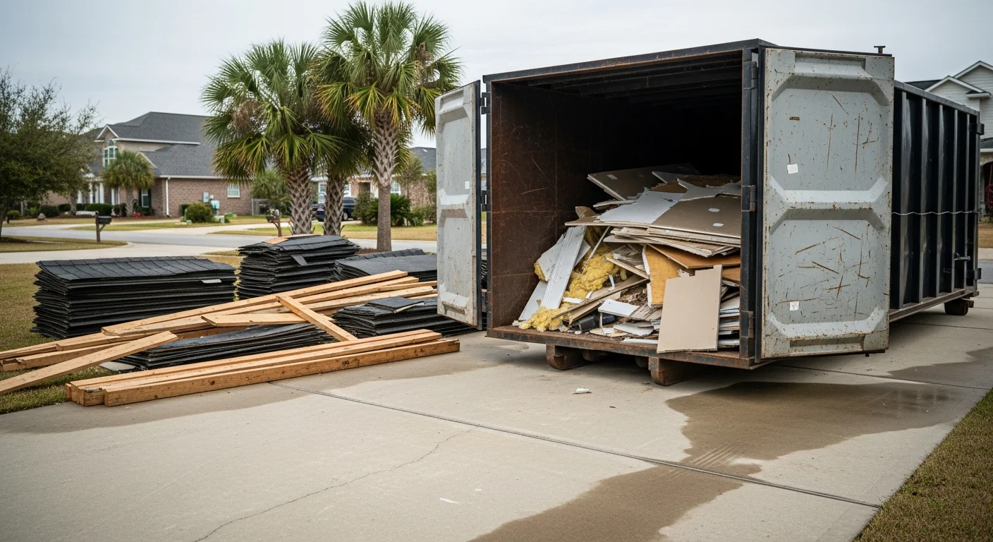A Southern Arc roll-off dumpster sitting in a residential driveway in Orange Beach, Alabama, filled with renovation debris and old roofing materials. The container is positioned beside a single-story coastal home with a cleared yard visible in the background.