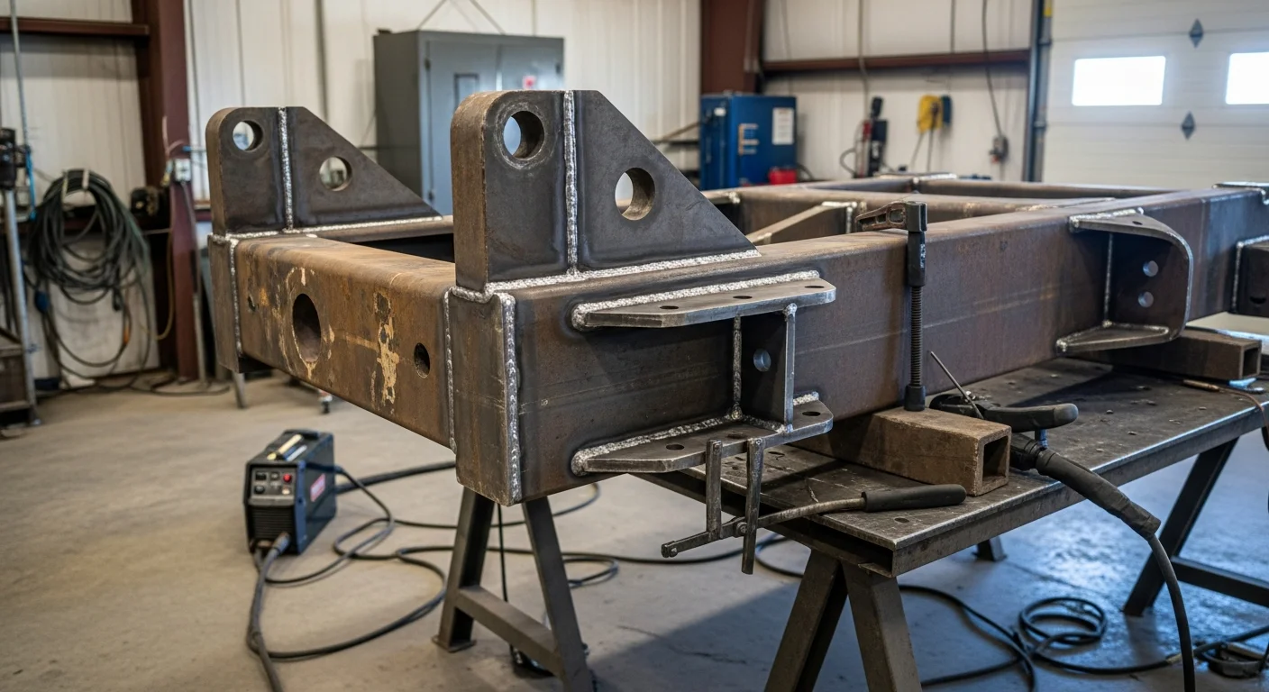 A welder repairing a cracked metal equipment frame at a coastal work site in Orange Beach, Alabama. Close-up of a completed structural weld on heavy machinery with Gulf Coast surroundings visible in the background.