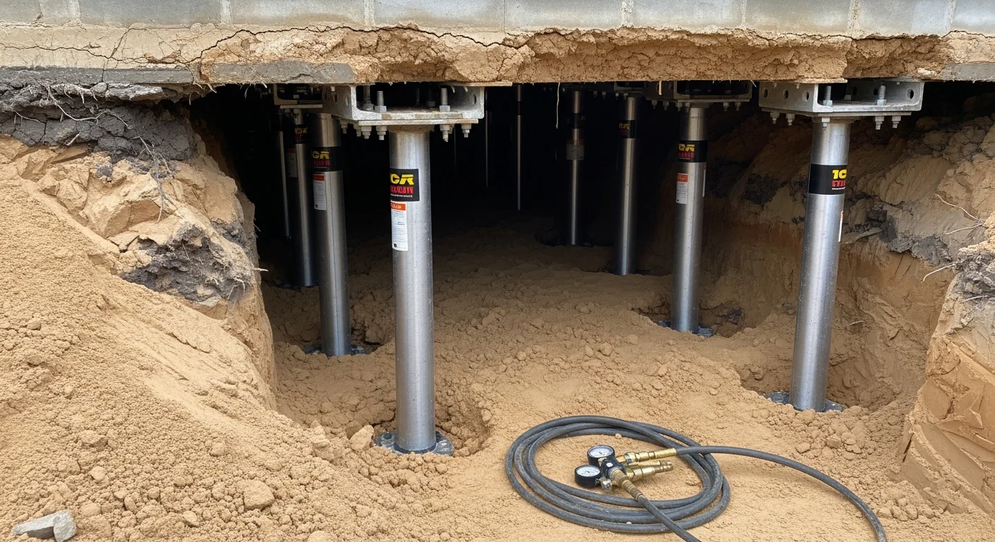 A Southern Arc crew member inspecting a settled concrete slab foundation at an Orange Beach residential property, with small excavated access points visible along the footing where steel piers have been installed.