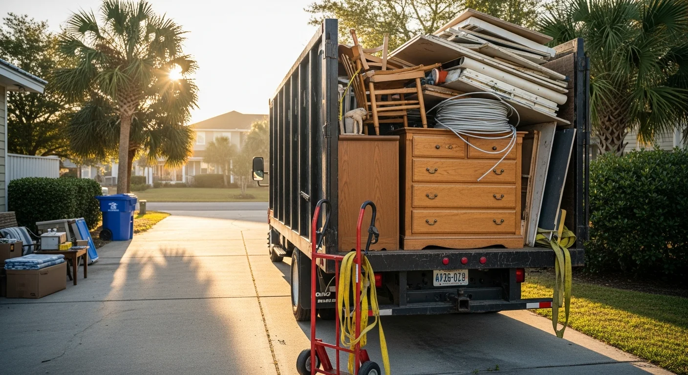 A cleared garage at an Orange Beach coastal home with empty floor space after junk removal and hauling by Southern Arc. Bags of debris and old furniture are loaded into a hauling truck parked in the driveway.