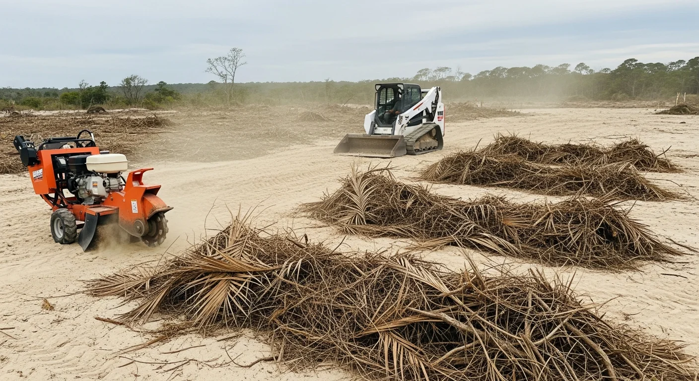 A cleared residential lot in Orange Beach, Alabama showing removed brush, trees, and stumps with bare sandy coastal soil ready for landscaping. Southern Arc land clearing equipment visible at the edge of the cleaned site.