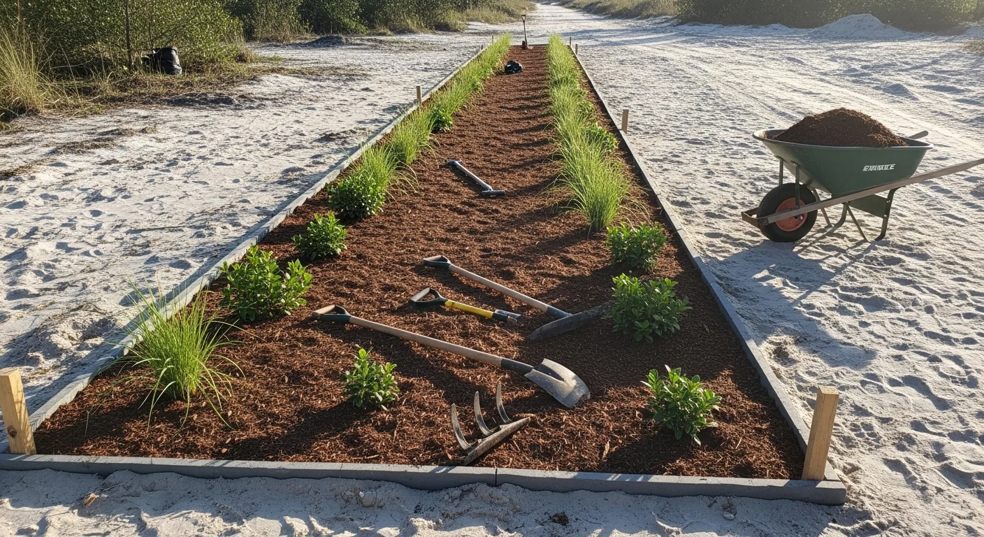 Freshly installed landscape beds with salt-tolerant plants and clean edging along the front yard of a residential property in Orange Beach, Alabama. Sandy coastal soil is visible in the prepared planting areas with new ground cover and shrubs set against a Gulf Coast home exterior.