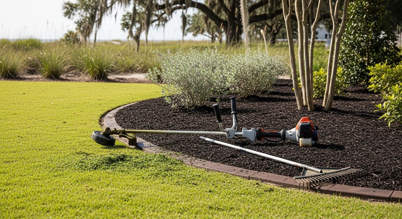 A well-maintained residential lawn in Orange Beach, Alabama with neatly edged turf, trimmed shrubs, and clean mulched beds. A Southern Arc crew member tends to a coastal property yard under clear Gulf Coast skies.
