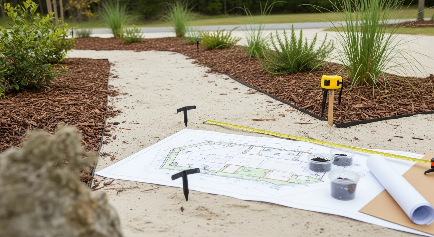 A finished residential landscape design in Orange Beach, Alabama showing salt-tolerant plantings, defined garden beds, and a paver walkway leading to a coastal home's front entrance. The yard reflects a structured, low-maintenance layout suited to the Gulf Coast climate.