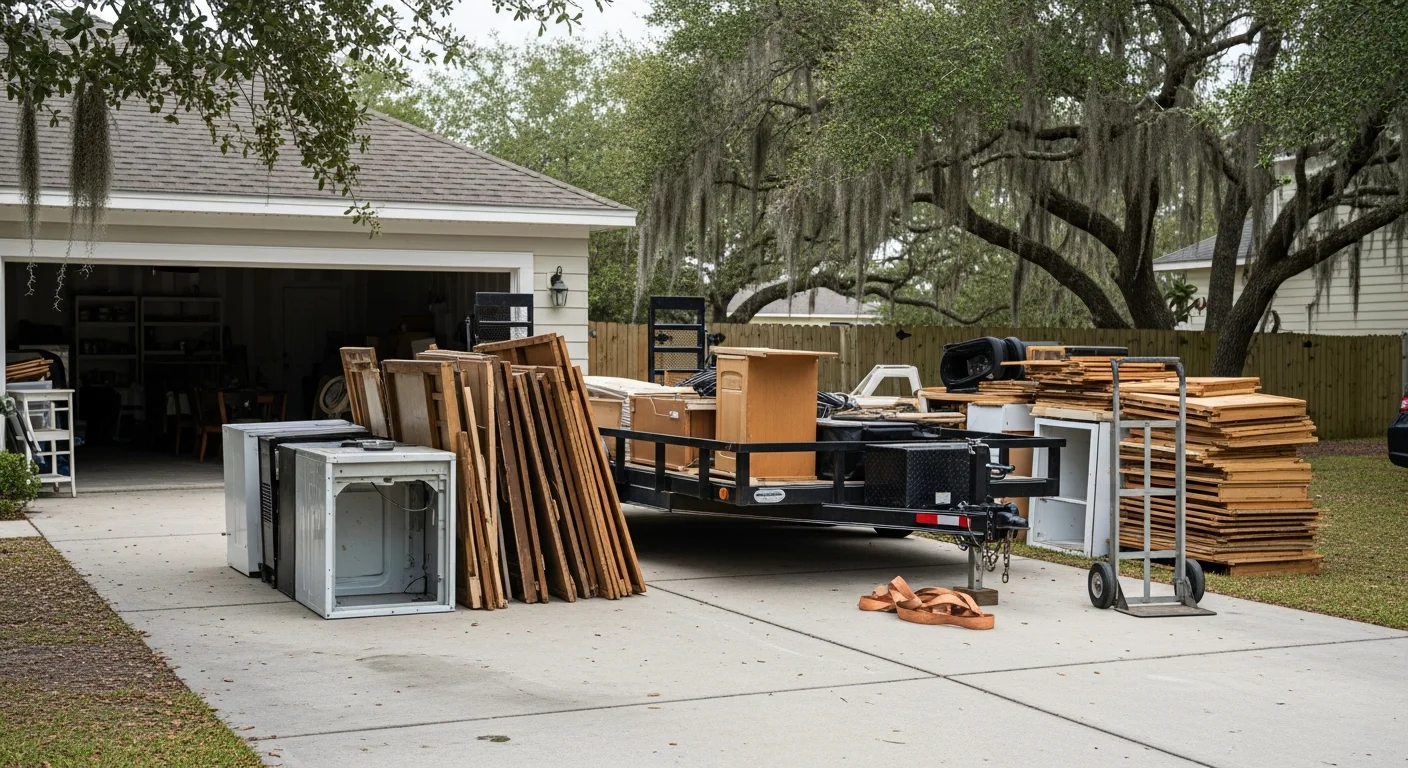 A cleared Orange Beach residential property with an empty yard and garage after full junk removal and debris hauling by Southern Arc. Bags, old furniture, and storm debris have been removed, leaving the space clean and open.
