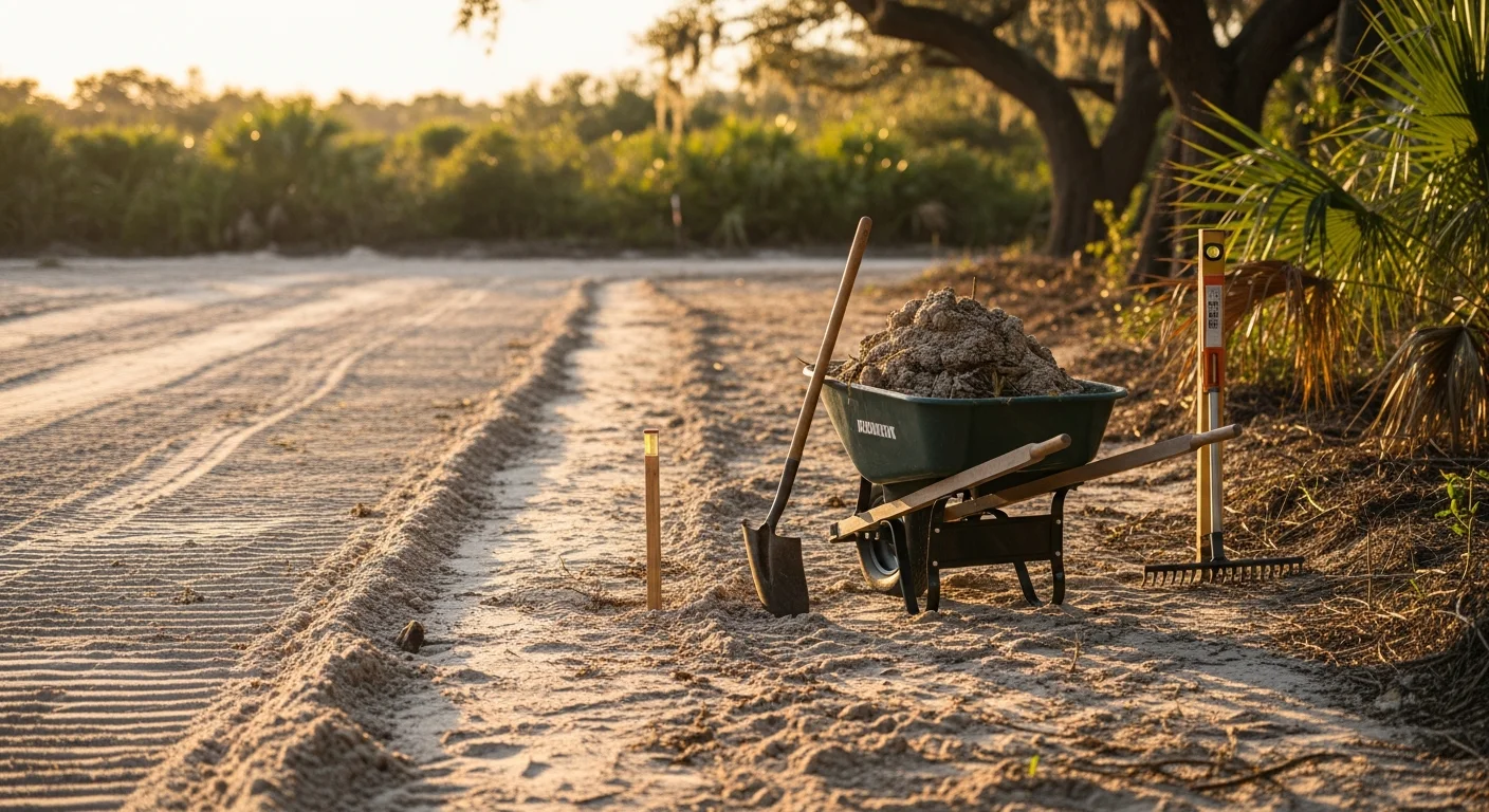 A freshly graded and cleared residential yard in Orange Beach, Alabama, with level sandy soil ready for landscaping installation. The coastal property shows smooth, debris-free ground prepared for sod and planting.