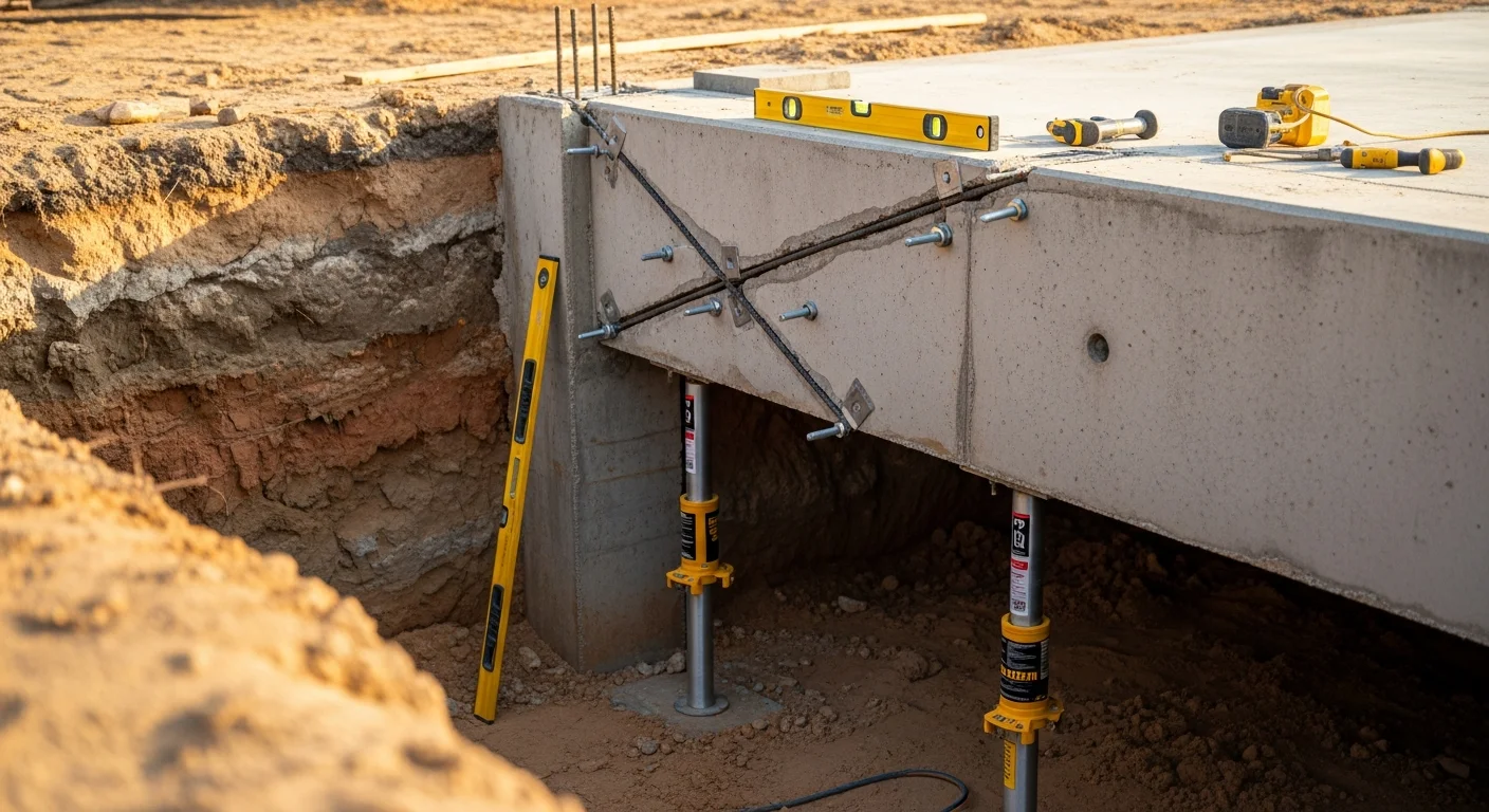 A Southern Arc crew member inspecting a cracked stem wall on a raised Orange Beach residential property, with sandy coastal soil visible at the base of the foundation. Close-up view shows a diagonal crack running from a window corner toward the slab edge.