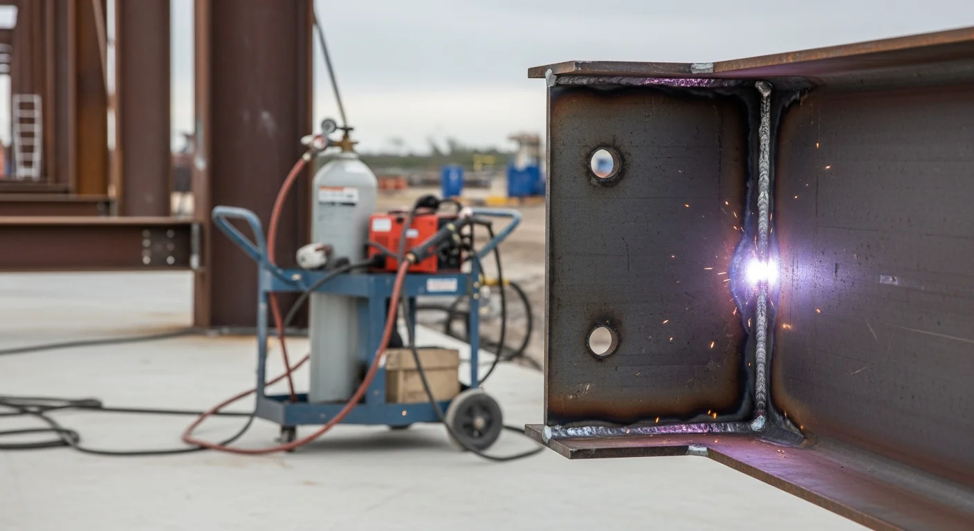 A welder in full protective gear completing a structural steel beam connection on a coastal construction site in Orange Beach, Alabama. Finished weld joints are visible on a load-bearing steel frame with the Gulf Coast environment visible in the background.