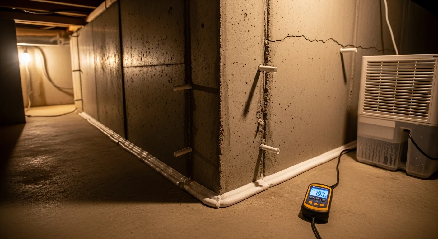 A sealed concrete foundation wall in an Orange Beach, Alabama home showing a dry, protected surface after water sealing treatment. A clean crawl space with sealed walls and floor is visible in the background.