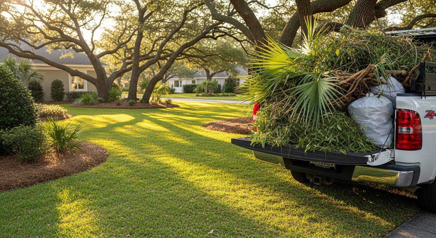 A cleared Orange Beach residential yard with a loaded truck hauling away a large pile of branches, brush, and grass clippings. The lawn is open and debris-free after a Southern Arc yard waste removal pickup.